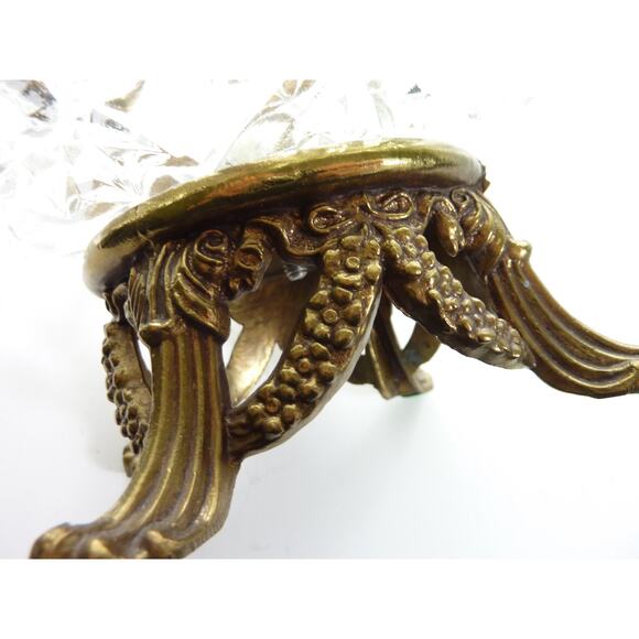 Brass Footed Cut Glass Clear Bowl Candy Dish
